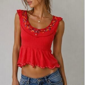 Y2K Free People S Thermal Ribbed Babydoll Tank Embroidered Sequin Neck Fairycore